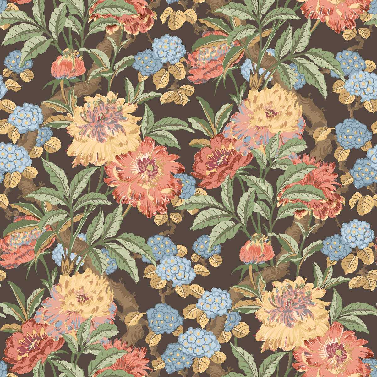 GP & J Baker | Summer Peony wallcovering - Charcoal/Jewel