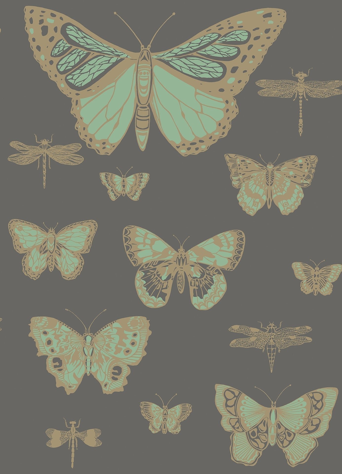 Cole & Son Butterflies & Dragonflies - Viridian & Metallic Gold on Charcoal