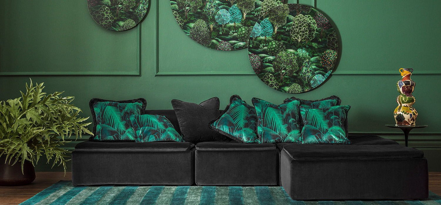 Cole & Son Palm Jungle Velvet Cushion with Fringing - interior