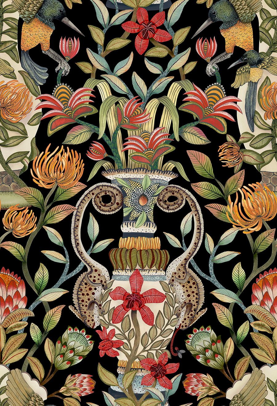 Cole & Son Protea Garden - Olive & Rouge on Black