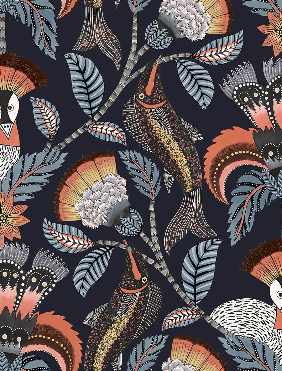 Cole & Son Nene - Terracotta, Cerulean Blue & Heath Grey on Midnight