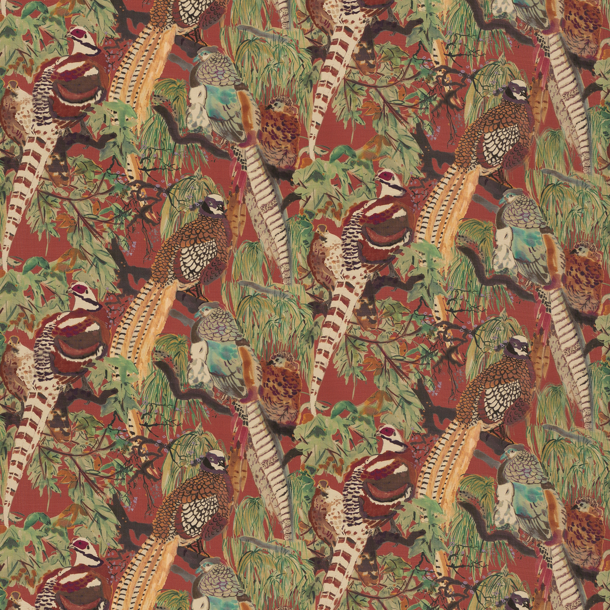 Mulberry Home | Game Birds Linen fabric - Red/Plum