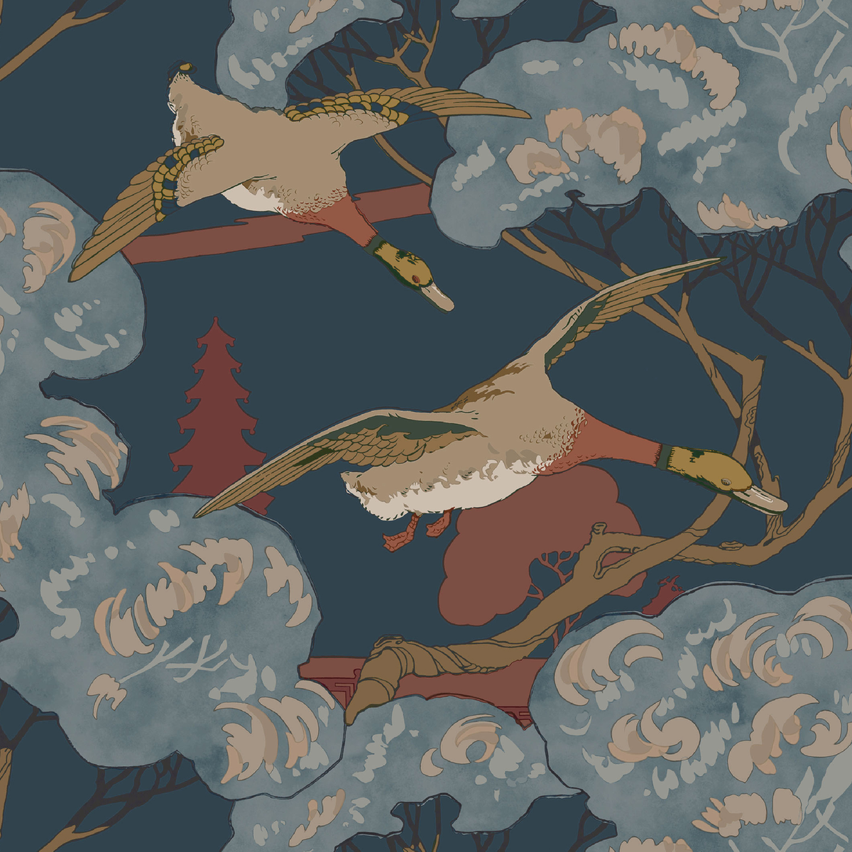 Mulberry Home | Grand Flying Ducks wallcovering - Red/Blue