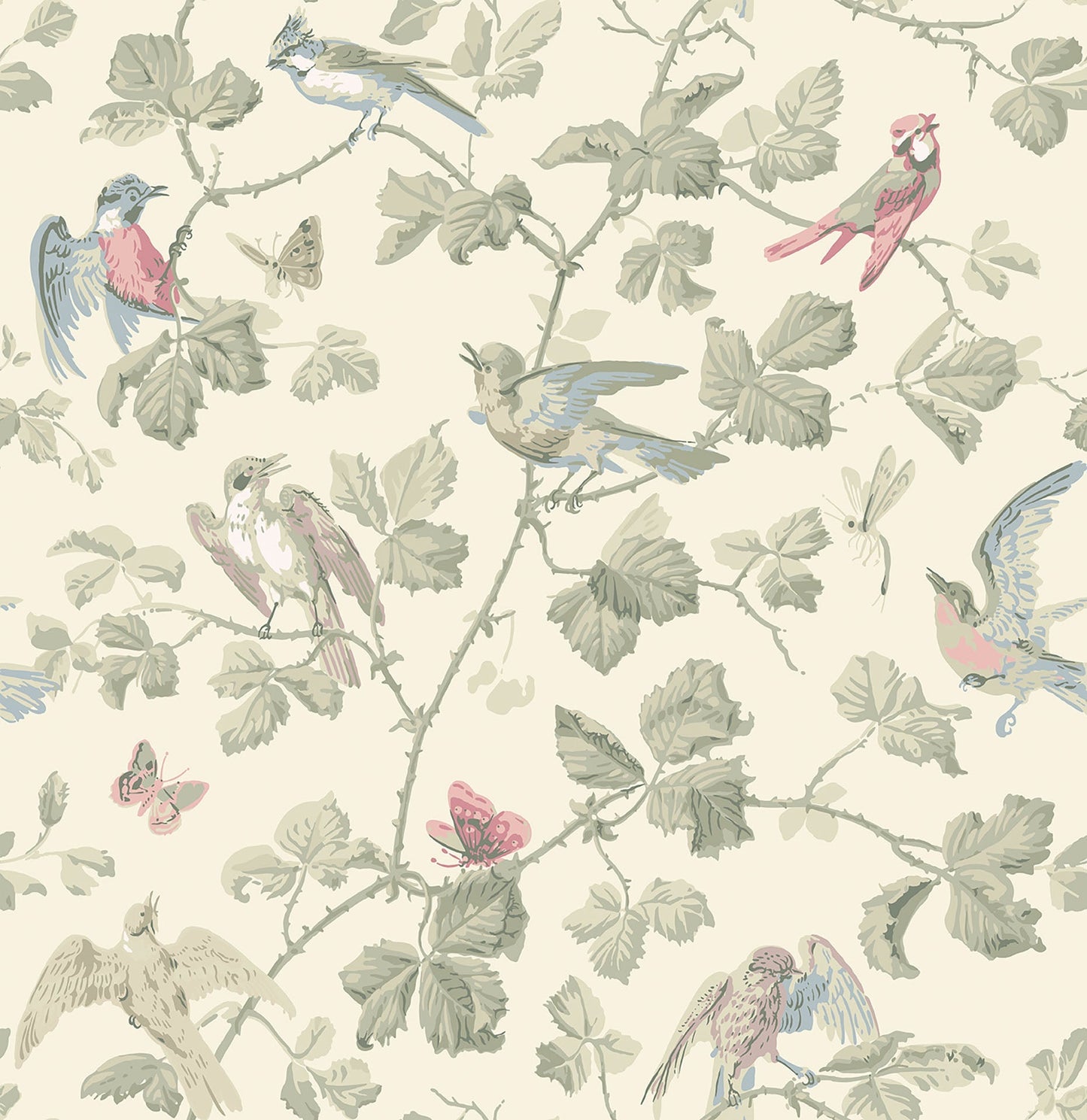 Cole & Son Winter Birds - Rose & Old Olive on Cream