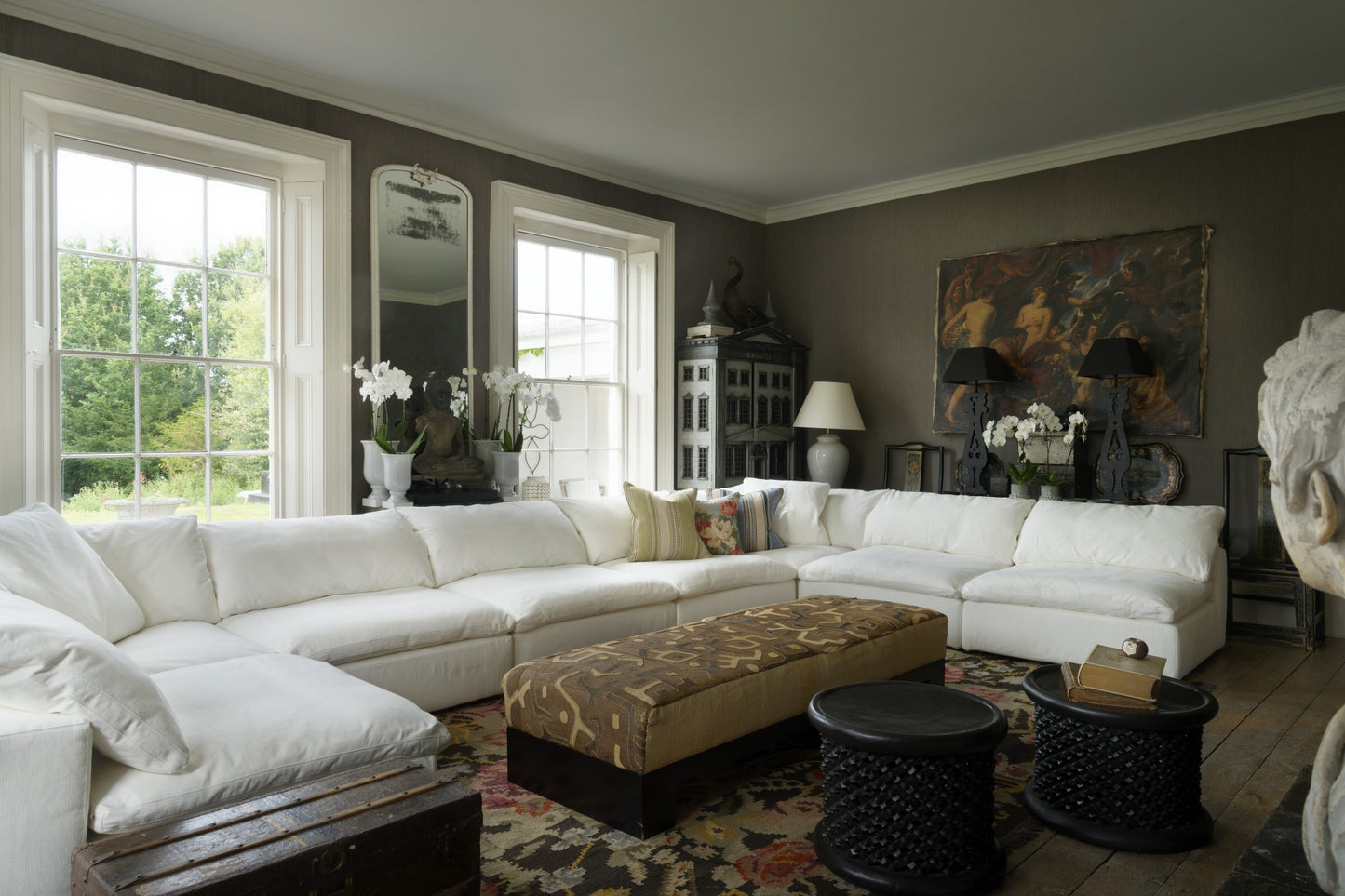 Andrew Martin Truman Large White Linen Sectional Sofa U layout