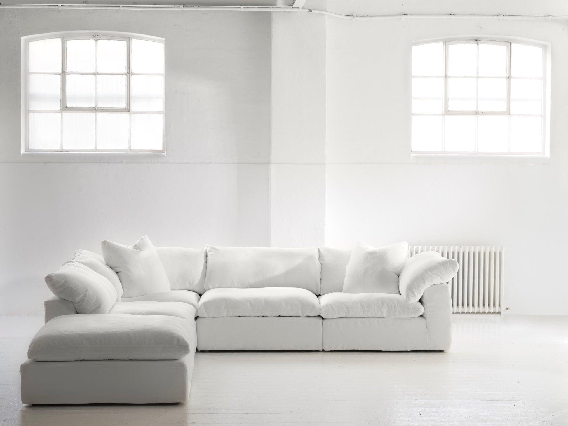 Andrew Martin Truman Large White Linen Sectional Sofa corner configuration