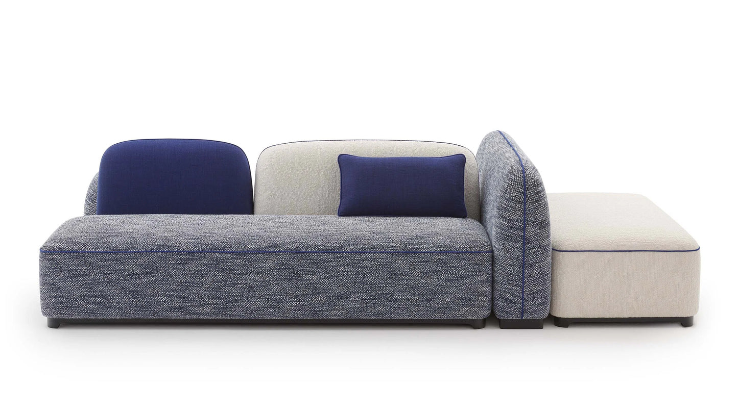 Pierre Frey Dolmen - Lacquered beech; removable cushions with piping; simple seams; stretched fabric