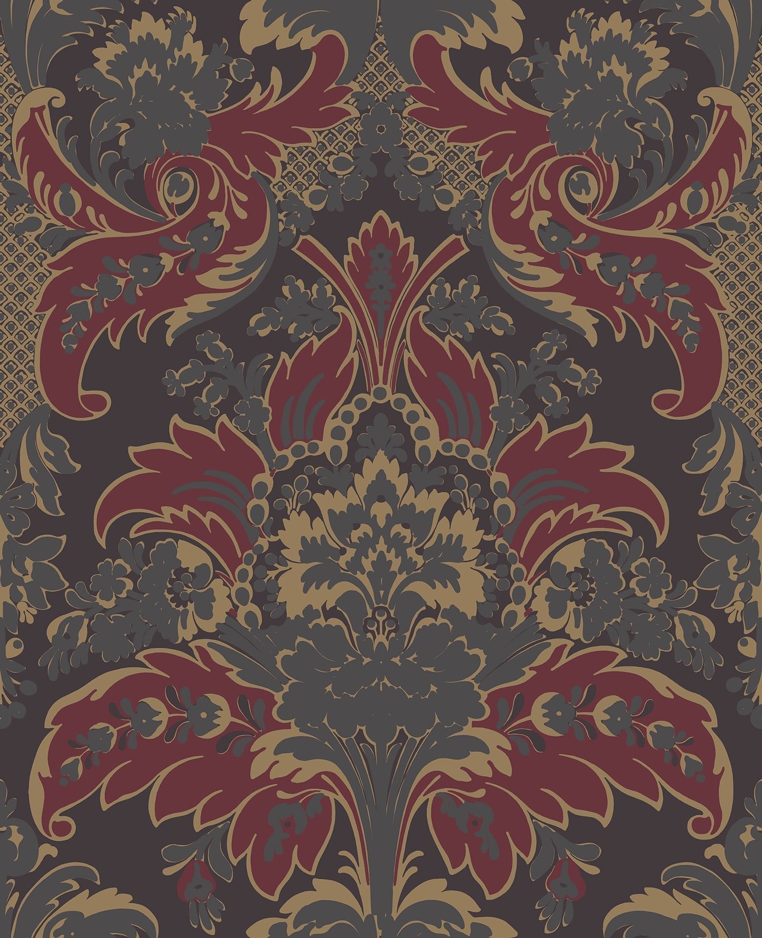 Cole & Son Aldwych - Metallic Gilver & Crimson on Charcoal