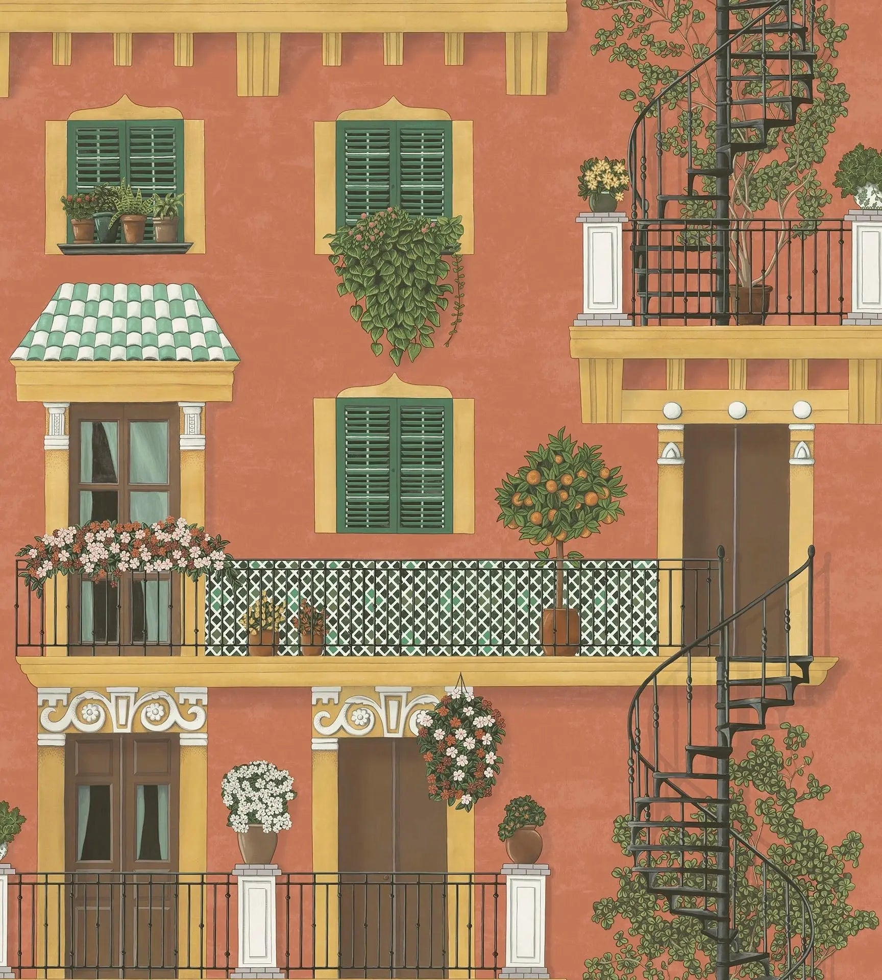 Cole & Son Alfaro - Ochre & Racing Green on Terracotta