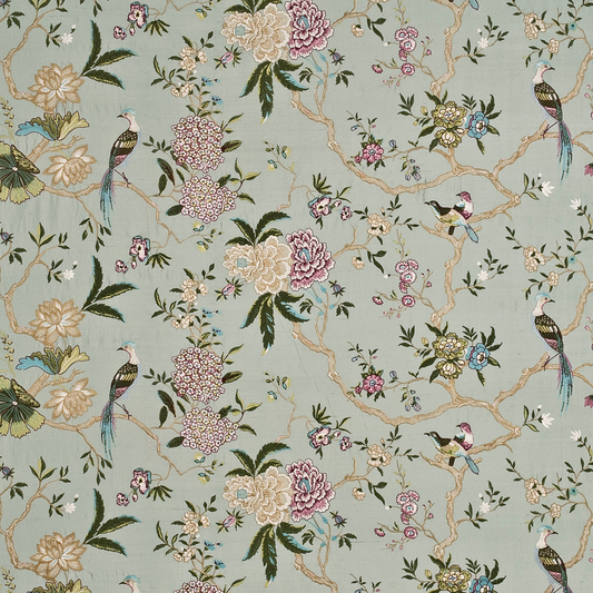 GP & J Baker | Oriental Bird Embroidery Silk fabric - Aqua/Multi