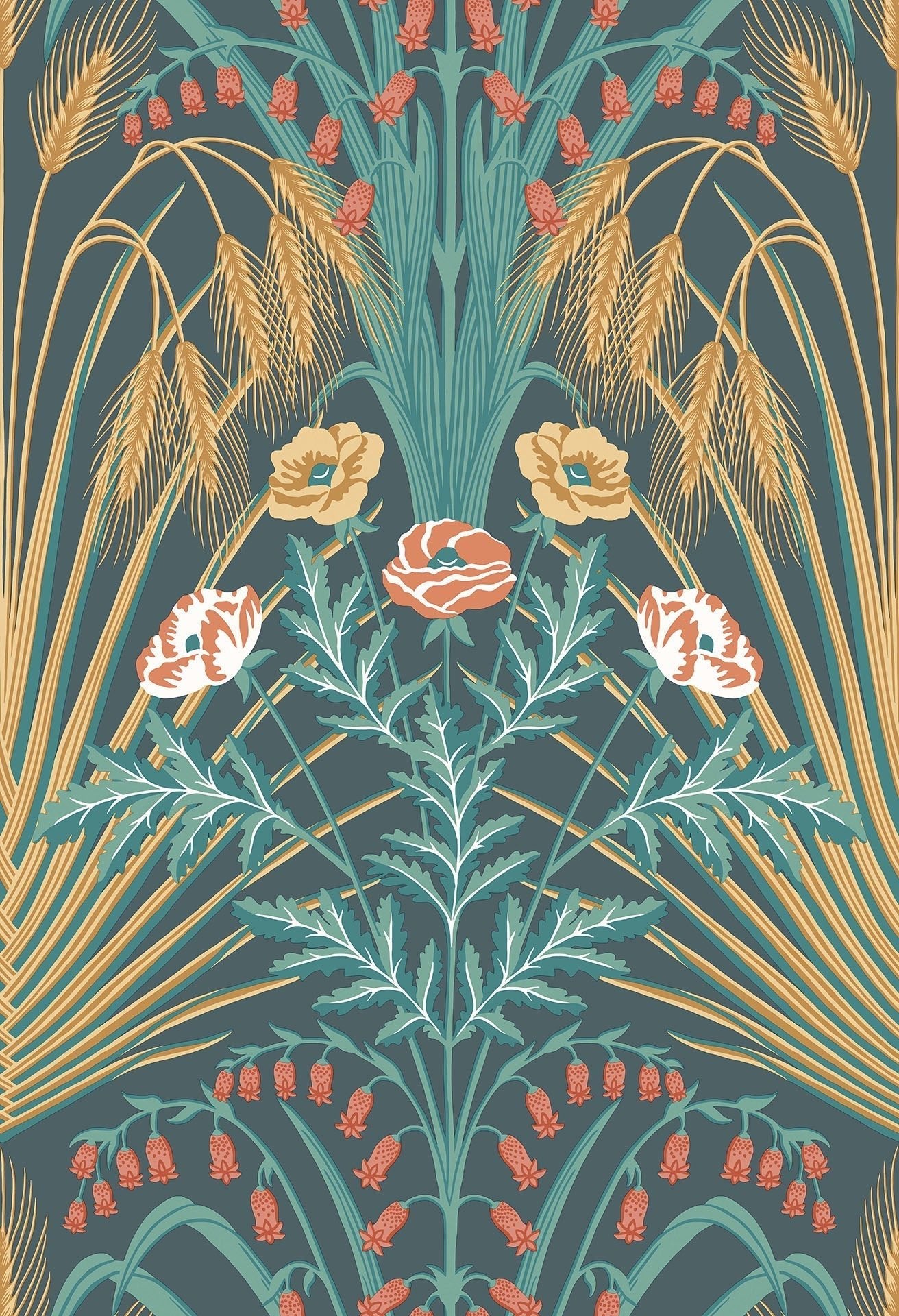 Cole & Son Bluebell - Viridian, Metallic Gold & Coral on Dark Viridian