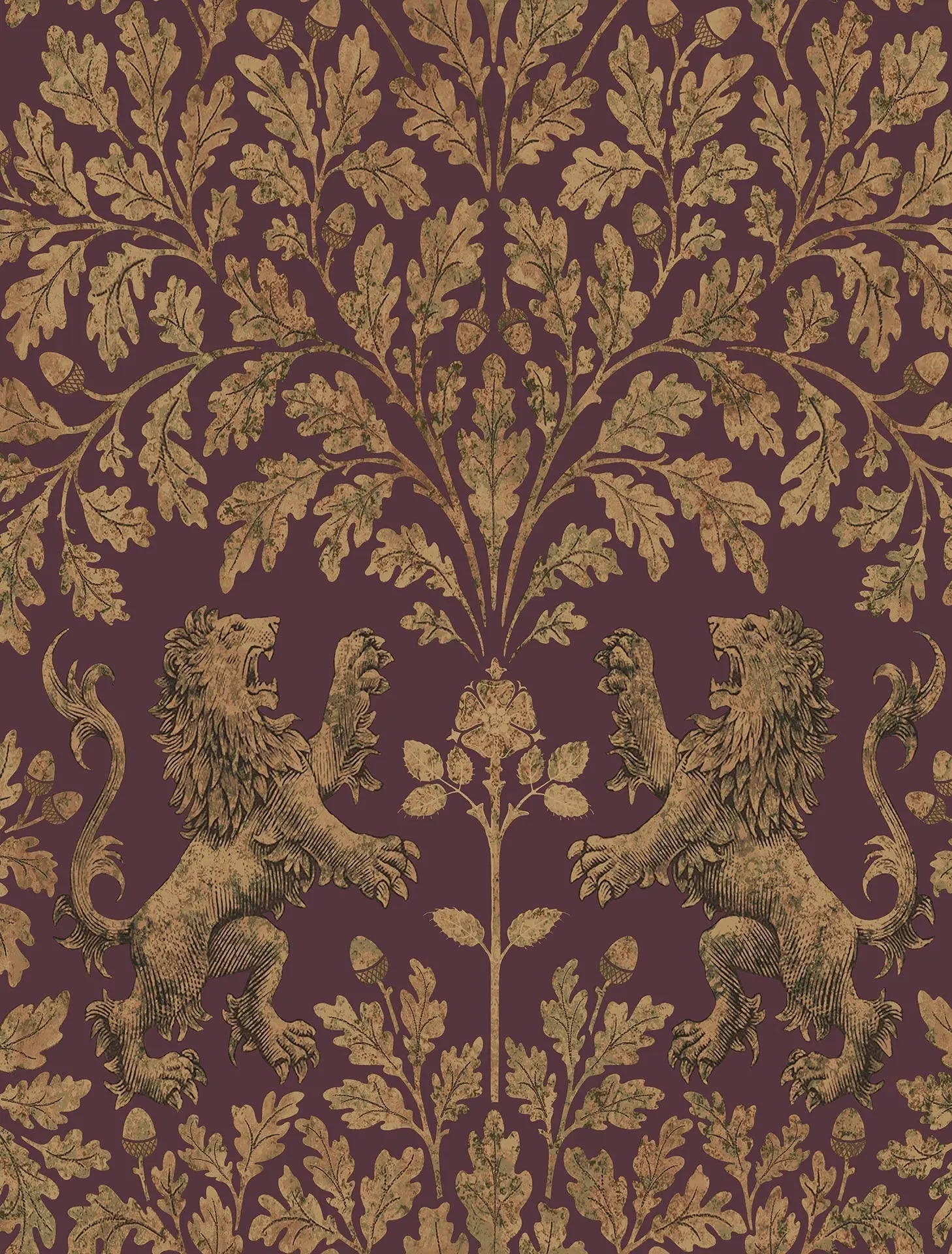 Cole & Son Boscobel Oak - Metallic Autumnal Gold on Claret