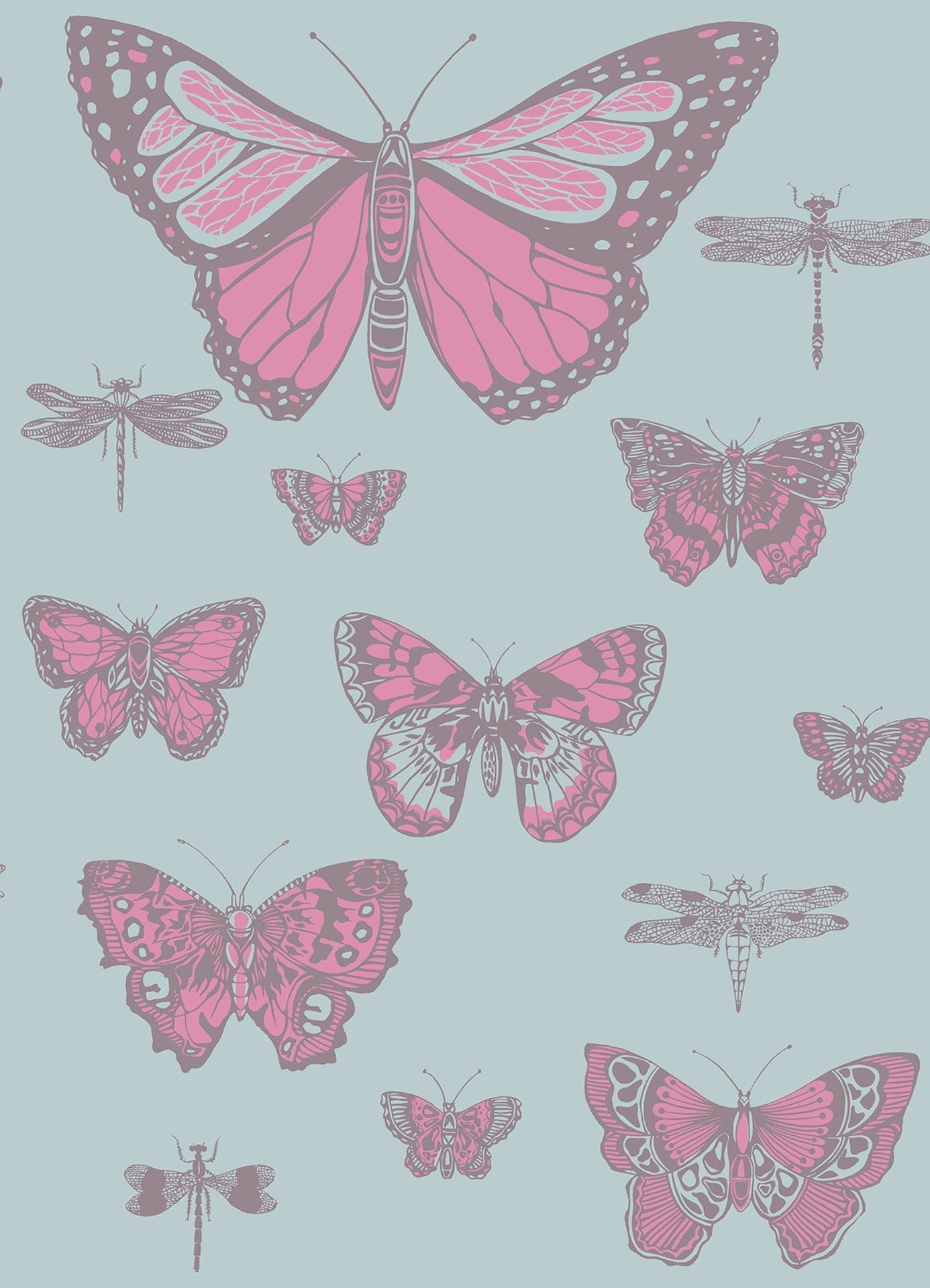 Cole & Son Butterflies & Dragonflies wallpaper - Fuchsia & Mink on Seafoam