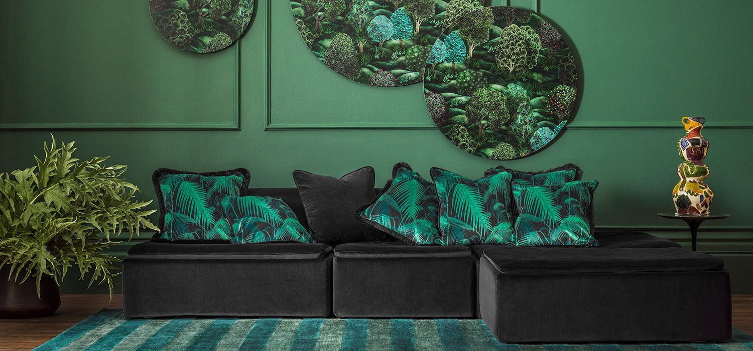 Cole & Son Palm Jungle Velvet Cushion with Fringing - interior