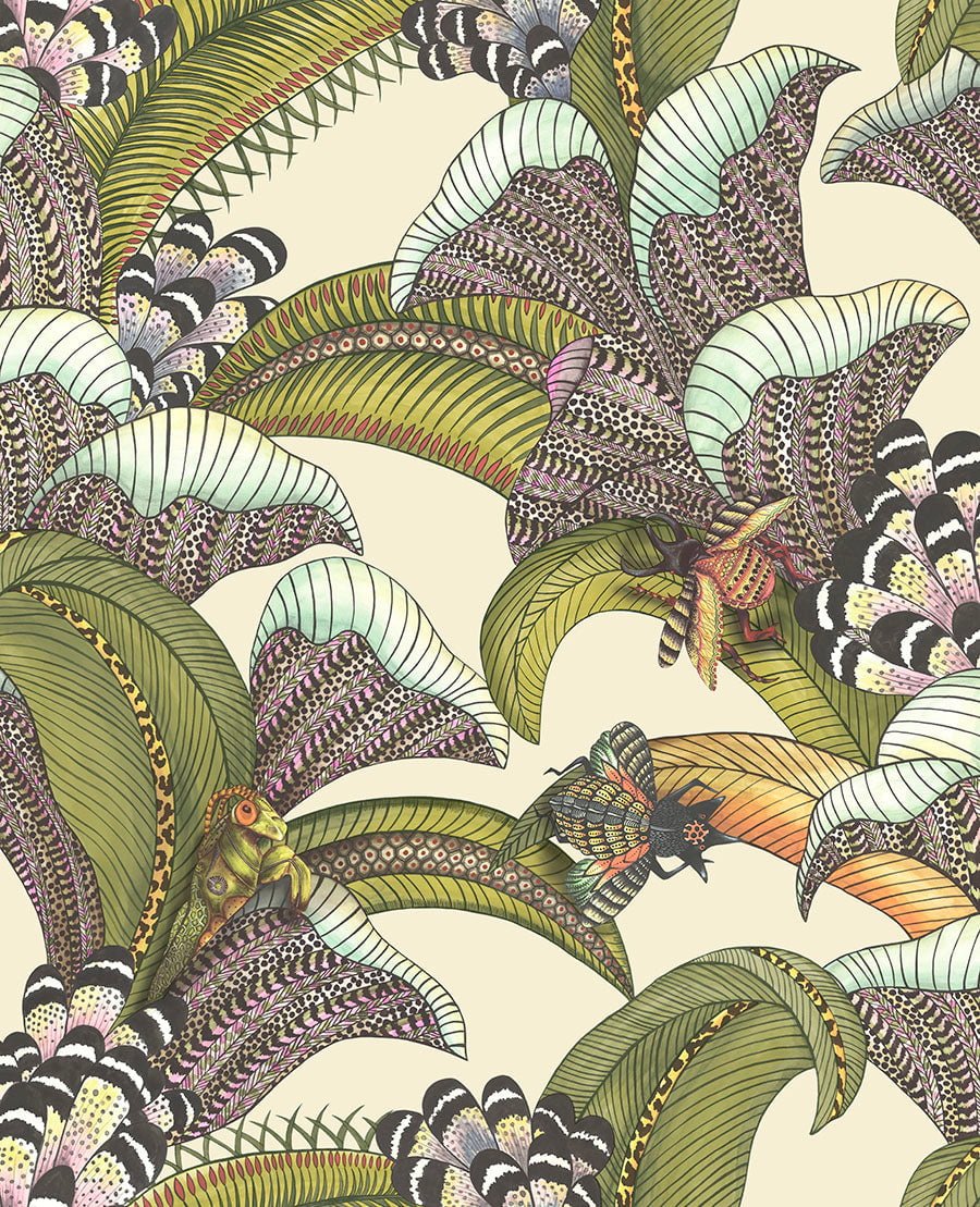 Cole & Son Hoopoe Leaves wallpaper - Olive, Chartreuse & Fuchsia on Cream