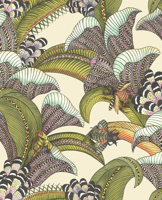 Cole & Son Hoopoe Leaves wallpaper - Olive, Chartreuse & Fuchsia on Cream