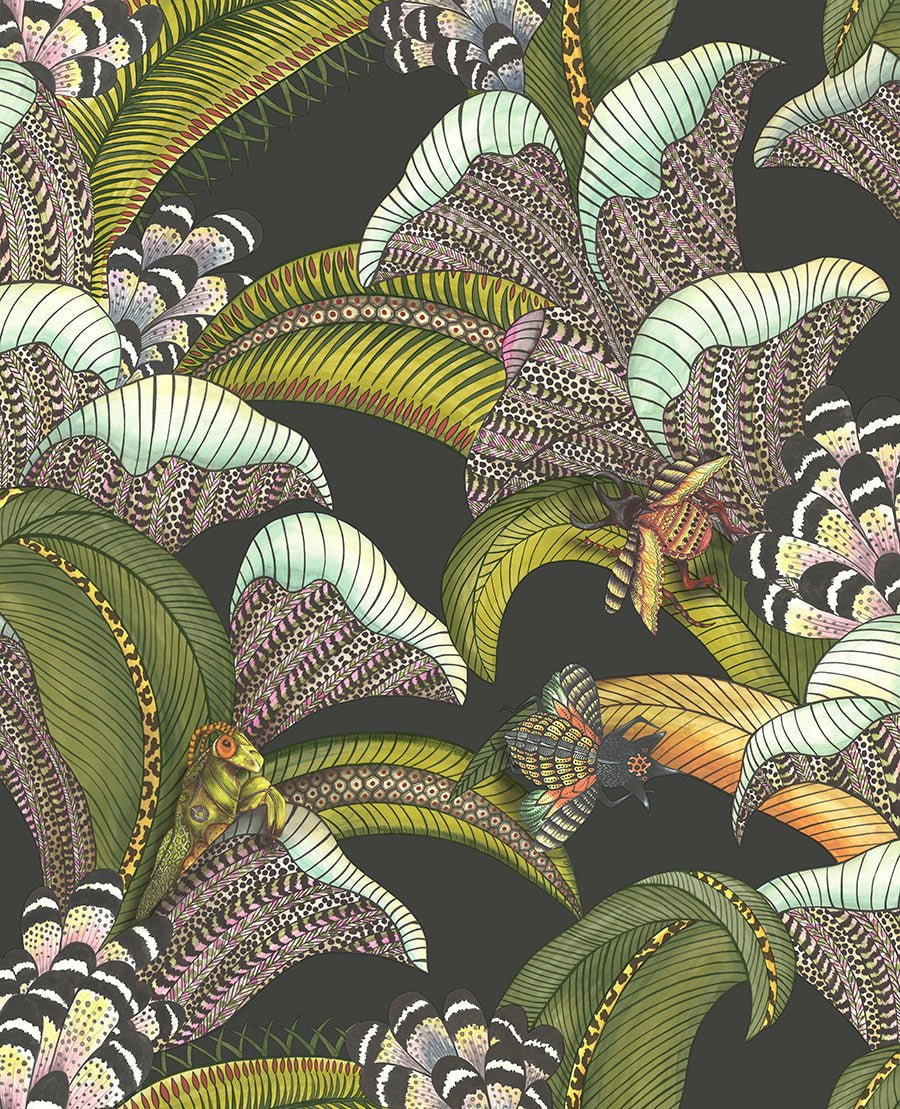 Cole & Son Hoopoe Leaves - Olive Green, Chartreuse & Fuchsia on Black