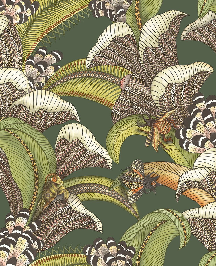 Cole & Son Hoopoe Leaves - Spring Green, Chartreuse & Coral on Forest