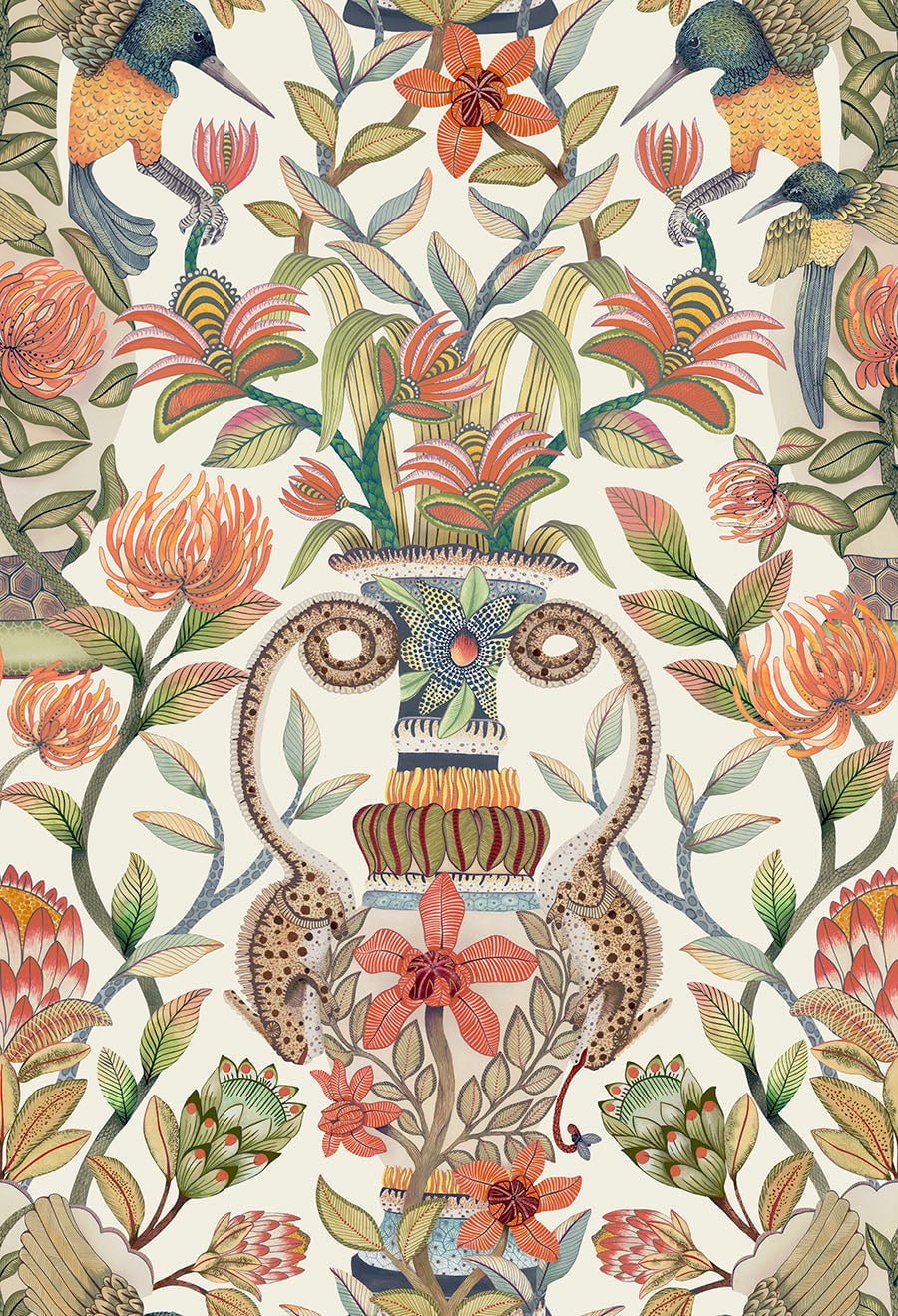 Cole & Son Protea Garden wallpaper - Olive Green & Tangerine on White