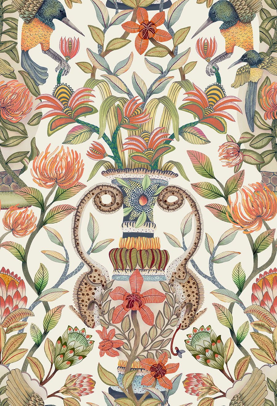 Cole & Son Protea Garden Silk wallpaper - Olive Green & Tangerine on White