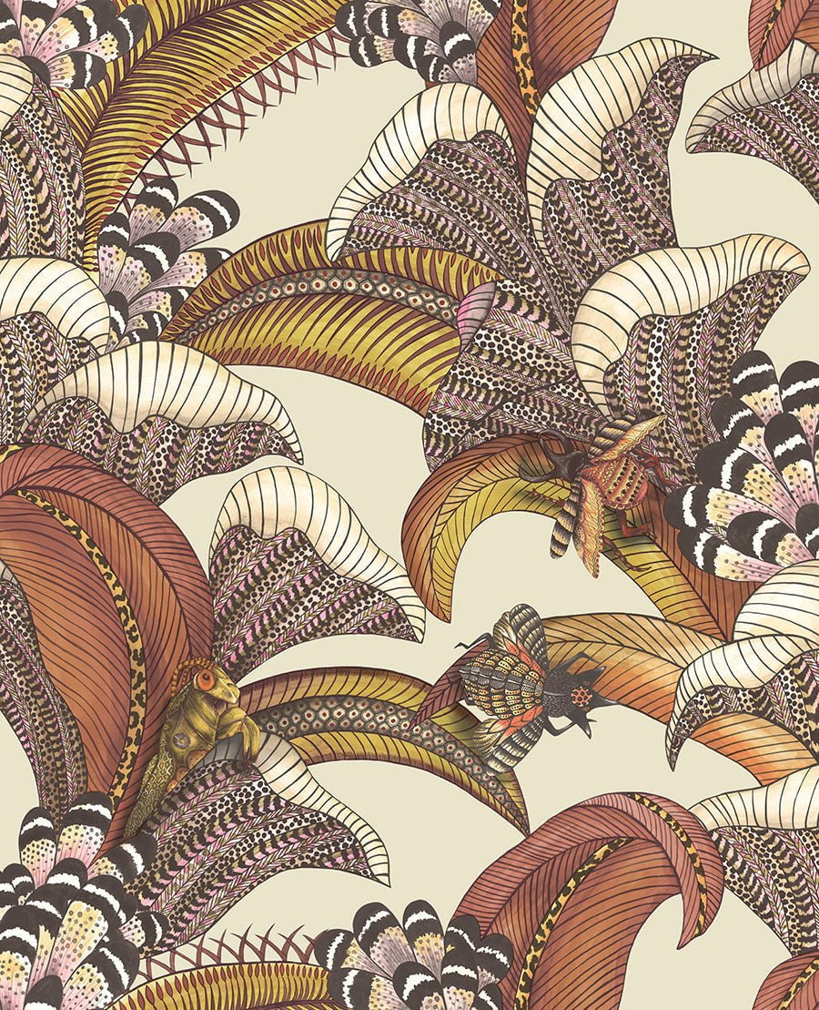 Cole & Son Hoopoe Leaves - Crimson, Canary Yellow, Fuchsia on Stone