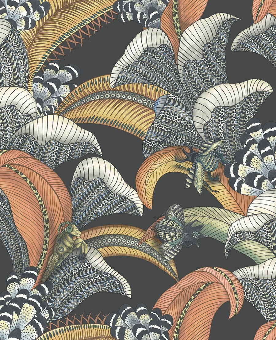 Cole & Son Hoopoe Leaves - Terracotta, Ochre & Ice Blue on Charcoal
