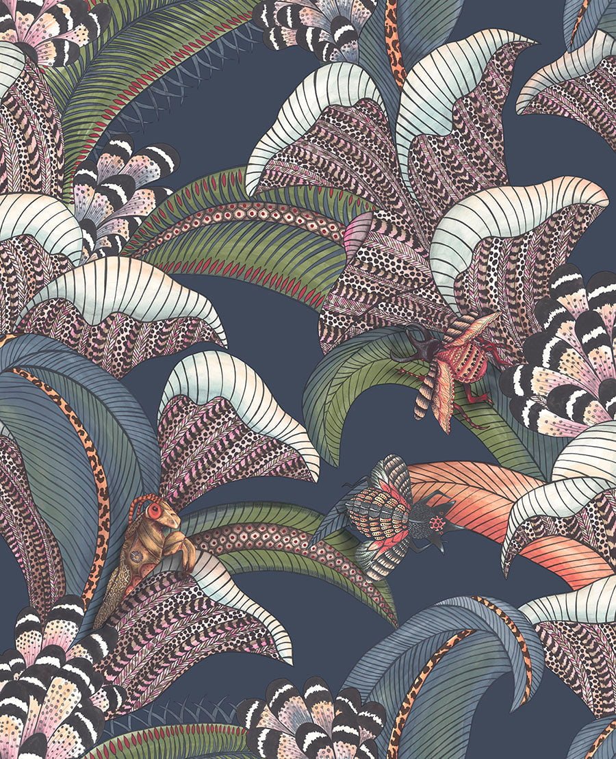Cole & Son Hoopoe Leaves - Denim, Forest Green & Magenta on Midnight