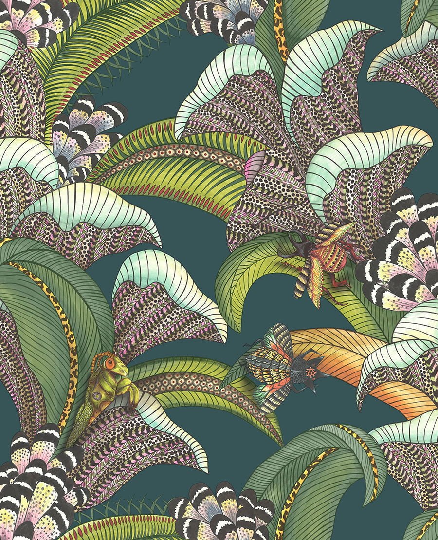 Cole & Son Hoopoe Leaves - Forest Green, Lime & Fuchsia on Dark Viridian