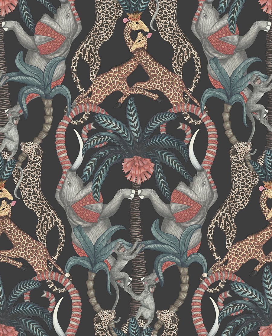 Cole & Son Safari Totem wallpaper - Ruby & Print Room Blue on Charcoal