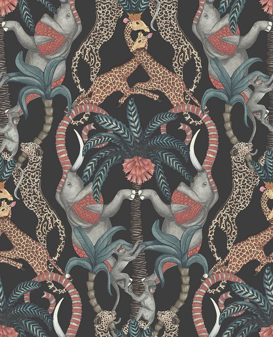 Cole & Son Safari Totem wallpaper - Ruby & Print Room Blue on Charcoal