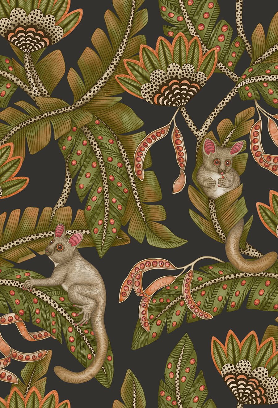 Cole & Son Bush Baby wallpaper - Spring Green & Orange on Black