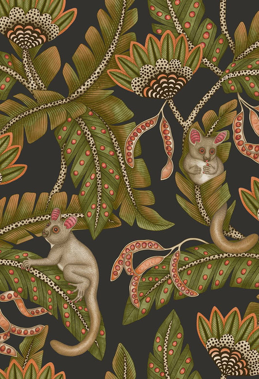 Cole & Son Bush Baby wallpaper - Spring Green & Orange on Black