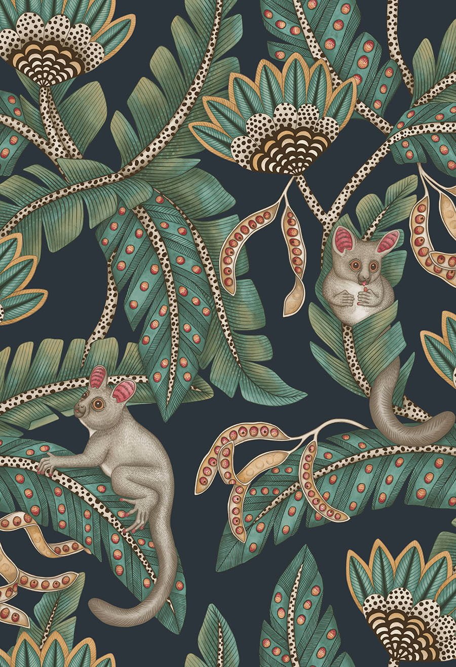 Cole & Son Bush Baby - Teal & Ochre on Ink