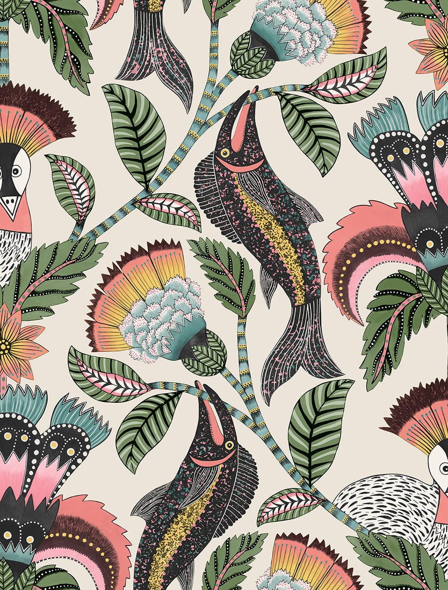 Cole & Son Nene wallpaper - Coral, Sage & Teal on Parchment