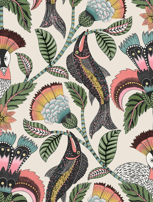 Cole & Son Nene wallpaper - Coral, Sage & Teal on Parchment