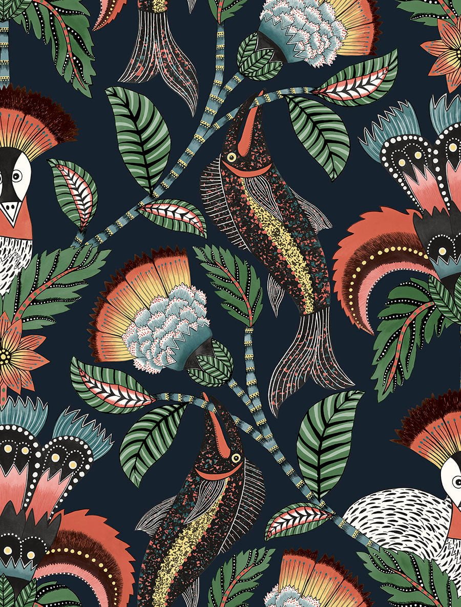 Cole & Son Nene - Tangerine, Forest Green & Petrol on Ink