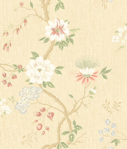 Cole & Son Camellia wallpaper - Coral & Olive on Buttercup