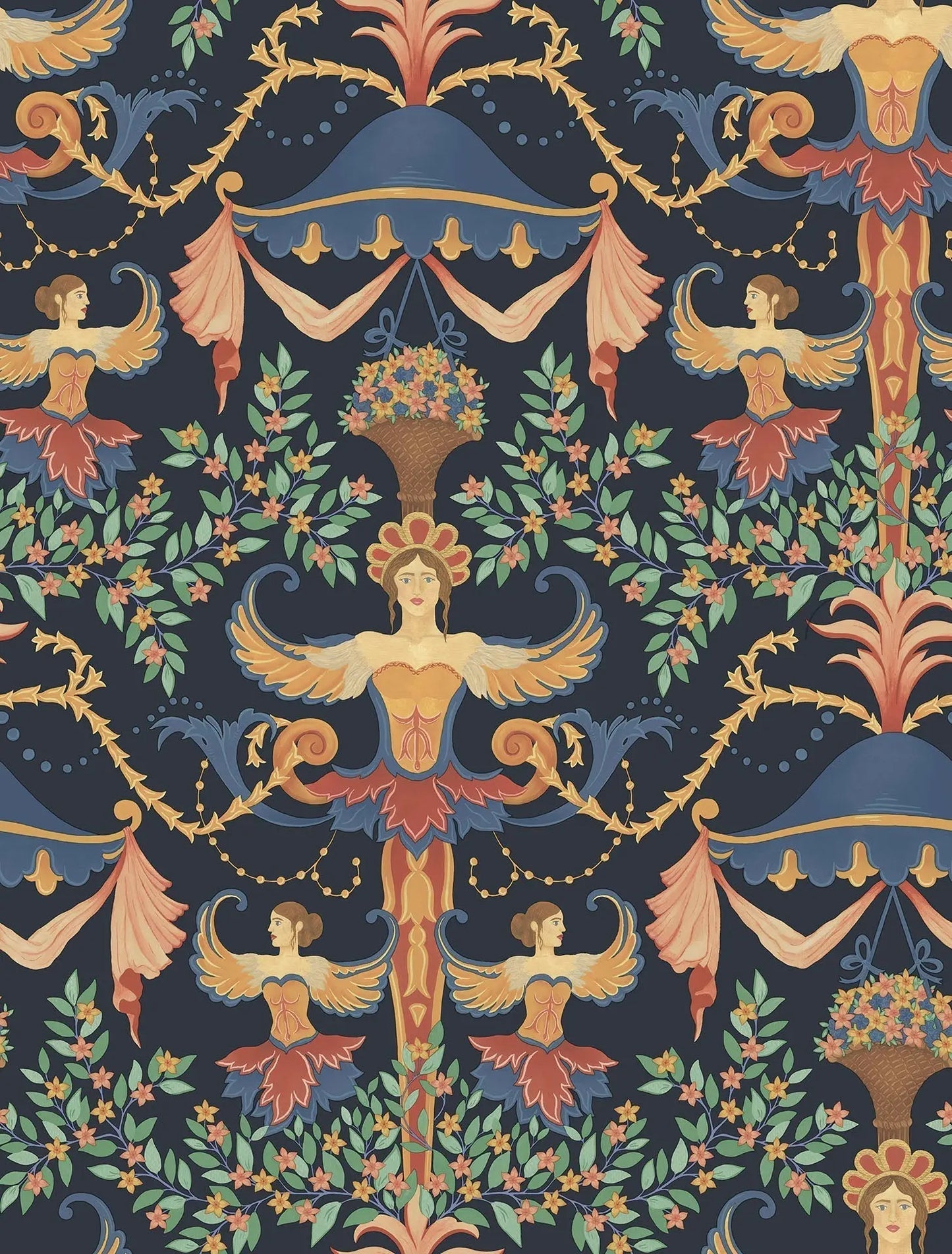 Cole & Son Chamber Angels wallpaper - Denim, Red & Marigold on Ink