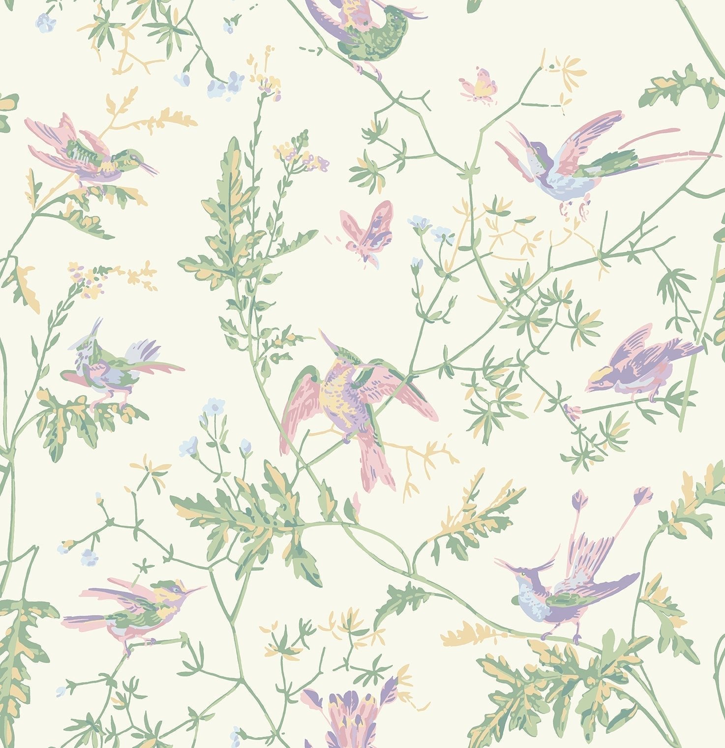 Cole & Son Hummingbirds wallpaper - Blush, Sage, & Mulberry on Cream