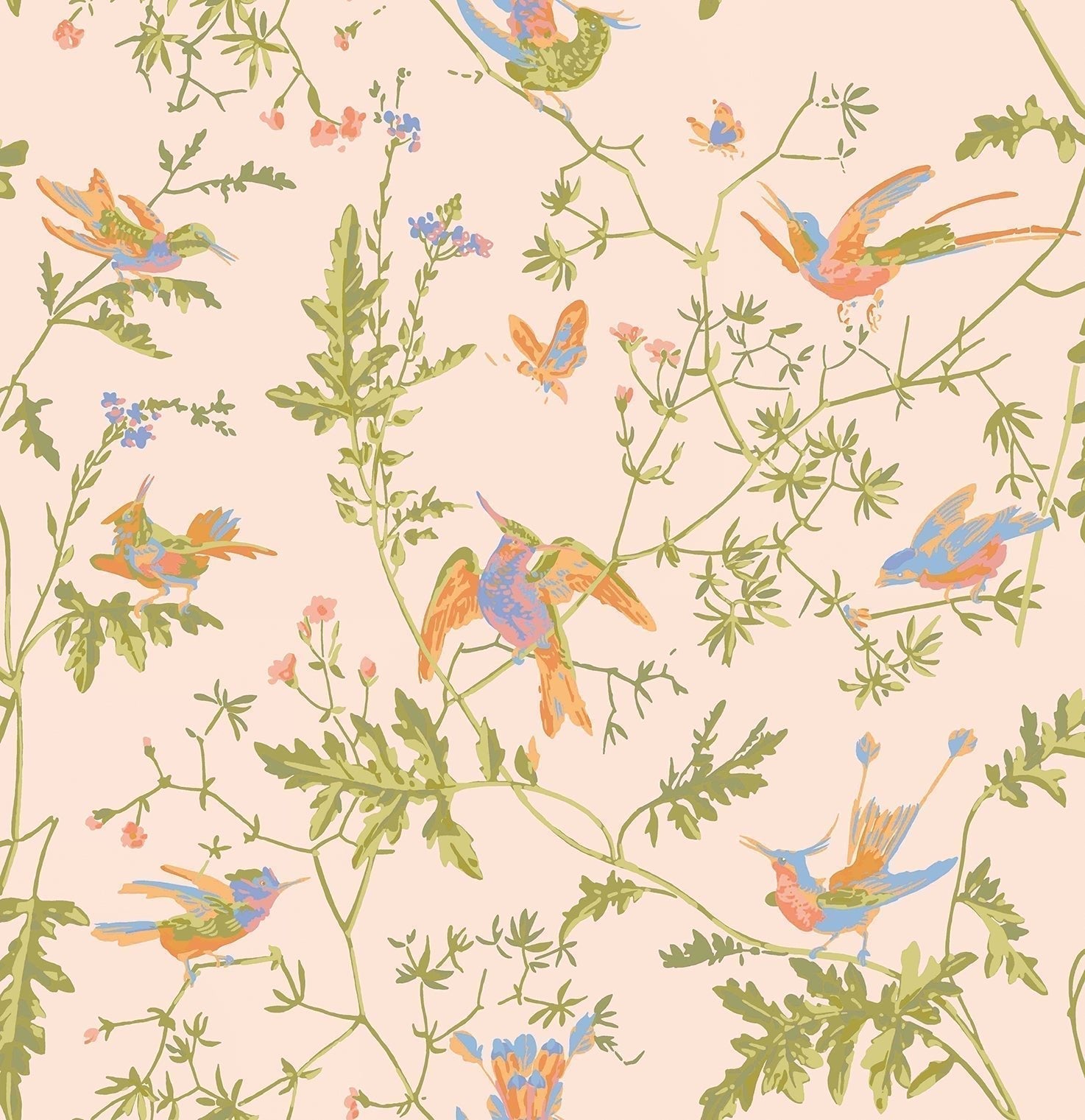 Cole & Son Hummingbirds - Tangerine & Olive on Blush