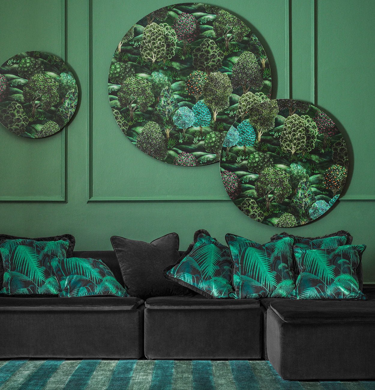 Cole & Son Palm Jungle Velvet Cushion with Fringing - interior