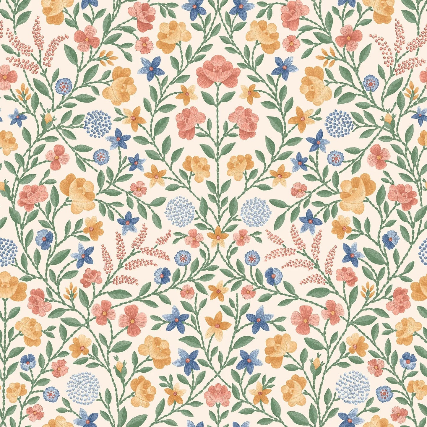 Cole & Son Court Embroidery wallpaper - Coral, Marigold, Hyacinth on Parchment