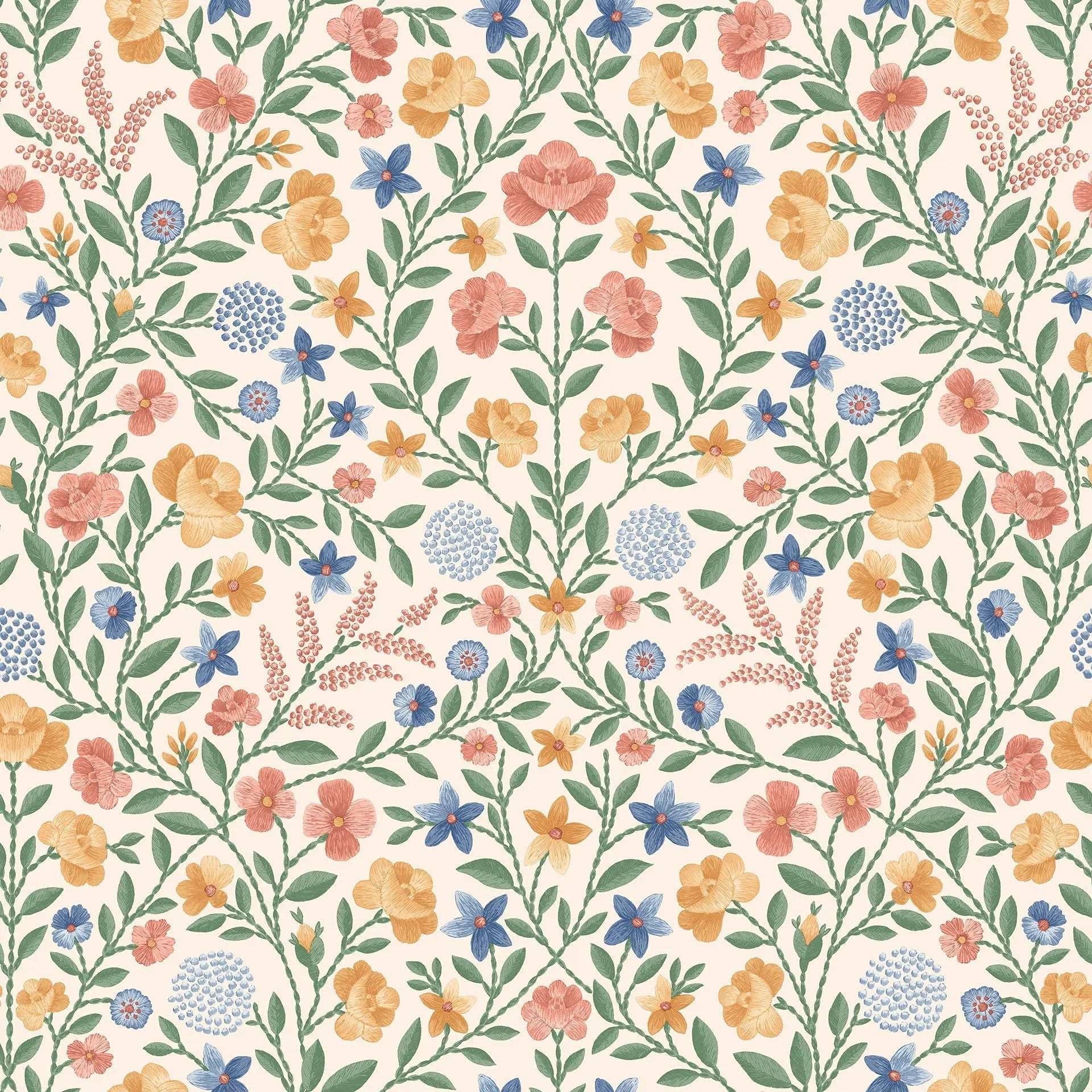 Cole & Son Court Embroidery wallpaper - Coral, Marigold, Hyacinth on Parchment