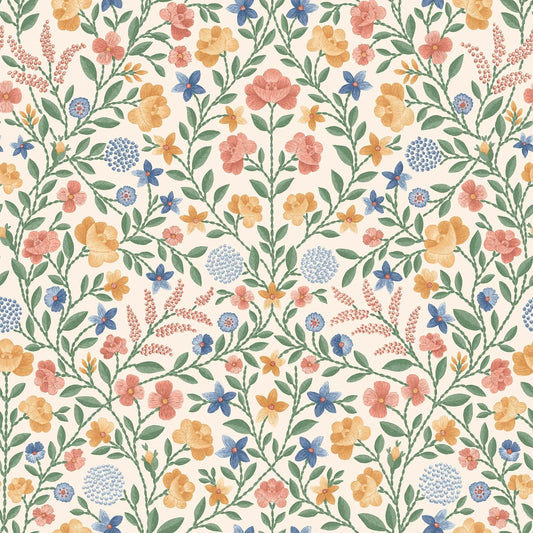 Cole & Son Court Embroidery wallpaper - Coral, Marigold, Hyacinth on Parchment