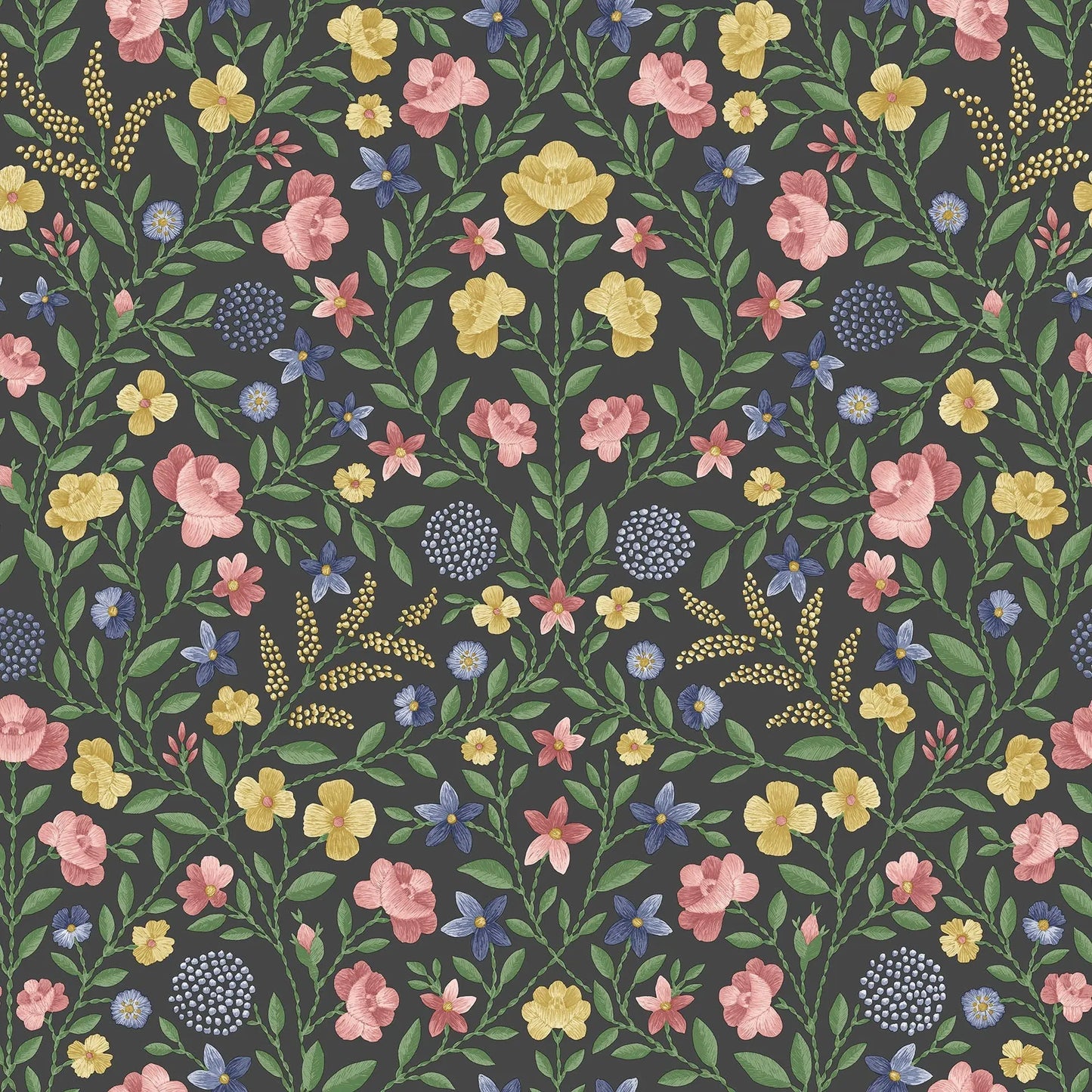Cole & Son Court Embroidery - Yellow, Rose & Hyacinth Blue on Charcoal