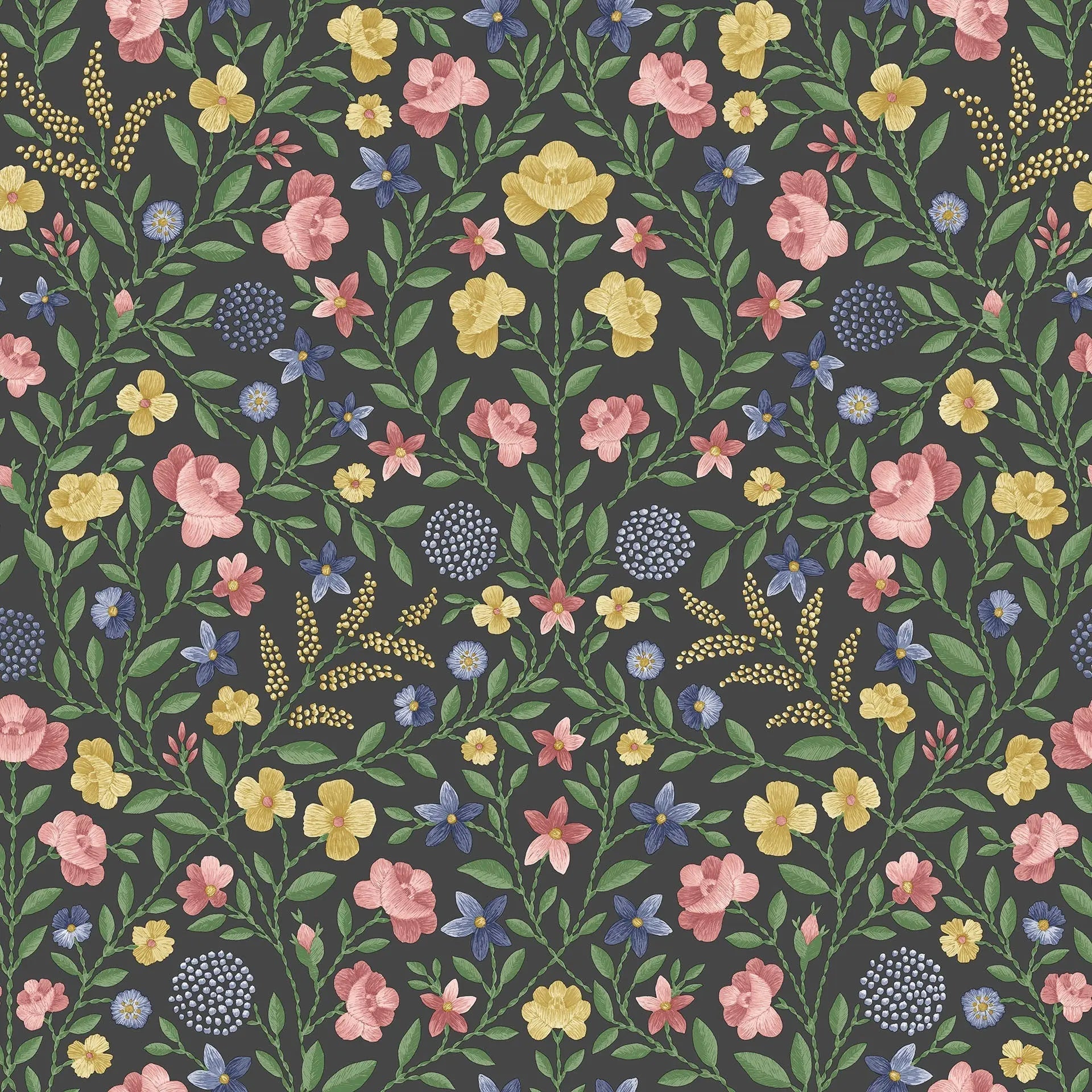Cole & Son Court Embroidery - Yellow, Rose & Hyacinth Blue on Charcoal