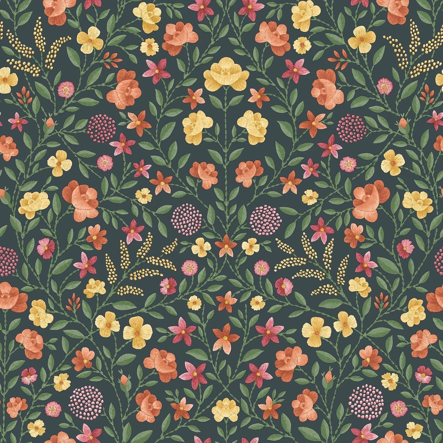 Cole & Son Court Embroidery - Marigold, Tangerine & Red on Charcoal