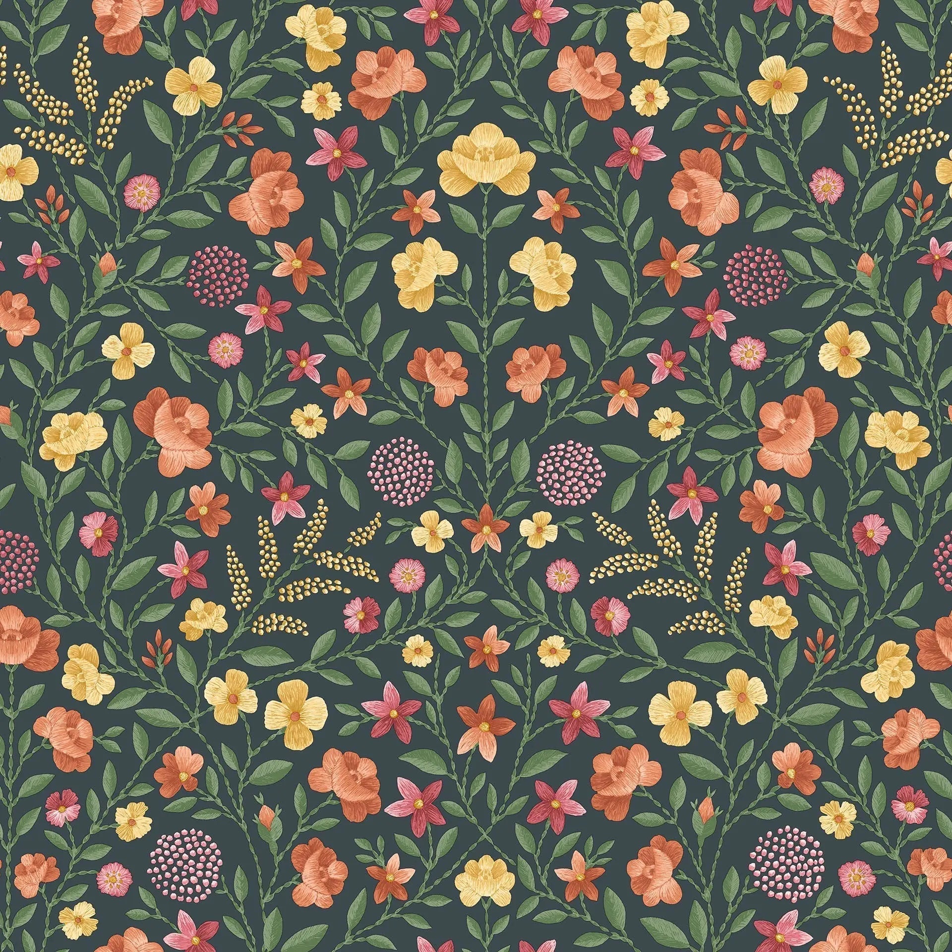 Cole & Son Court Embroidery - Marigold, Tangerine & Red on Charcoal