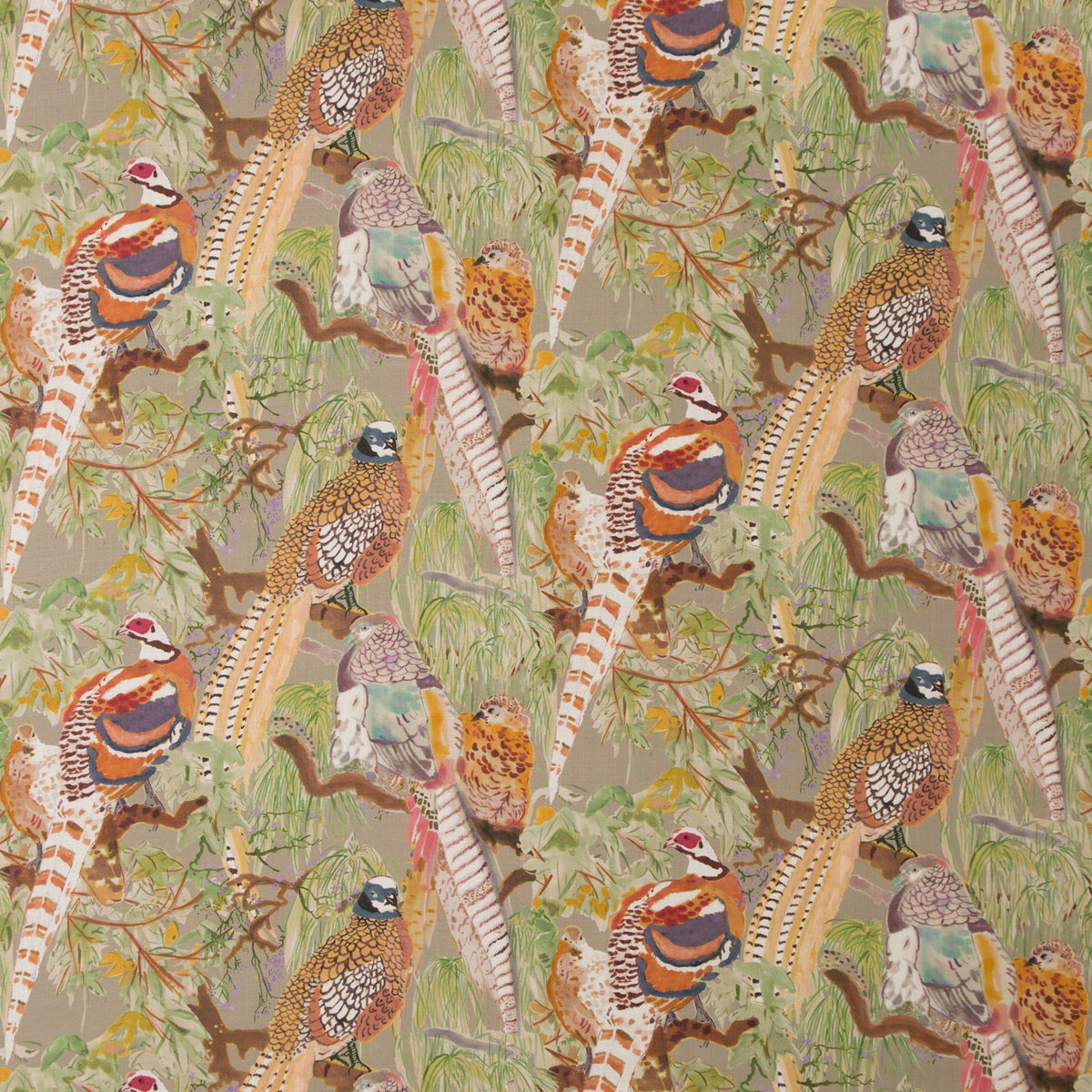 Mulberry Home | Game Birds Linen fabric - Stone/Multi
