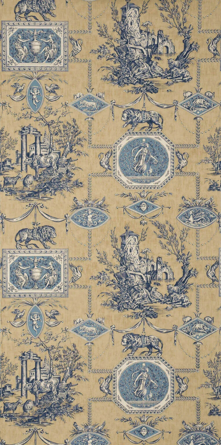 Pierre Frey Wallpaper Les Muses Et Le Lion - Antique Blue